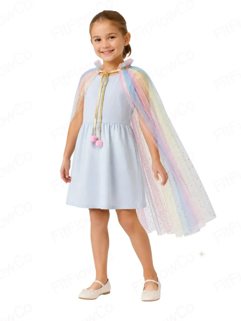 Girls Rainbow Unicorn Tulle Cape Gold Stars Fairy Princess Costume